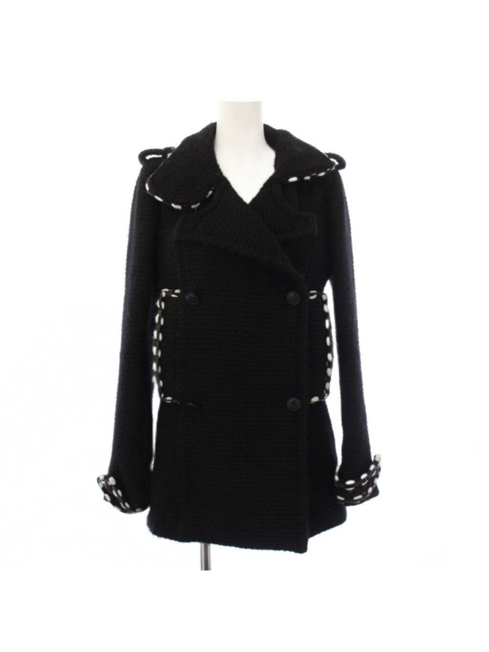 Chanel Tweed Knit Peacoat Coco Button CC Logo 36 Black Coat